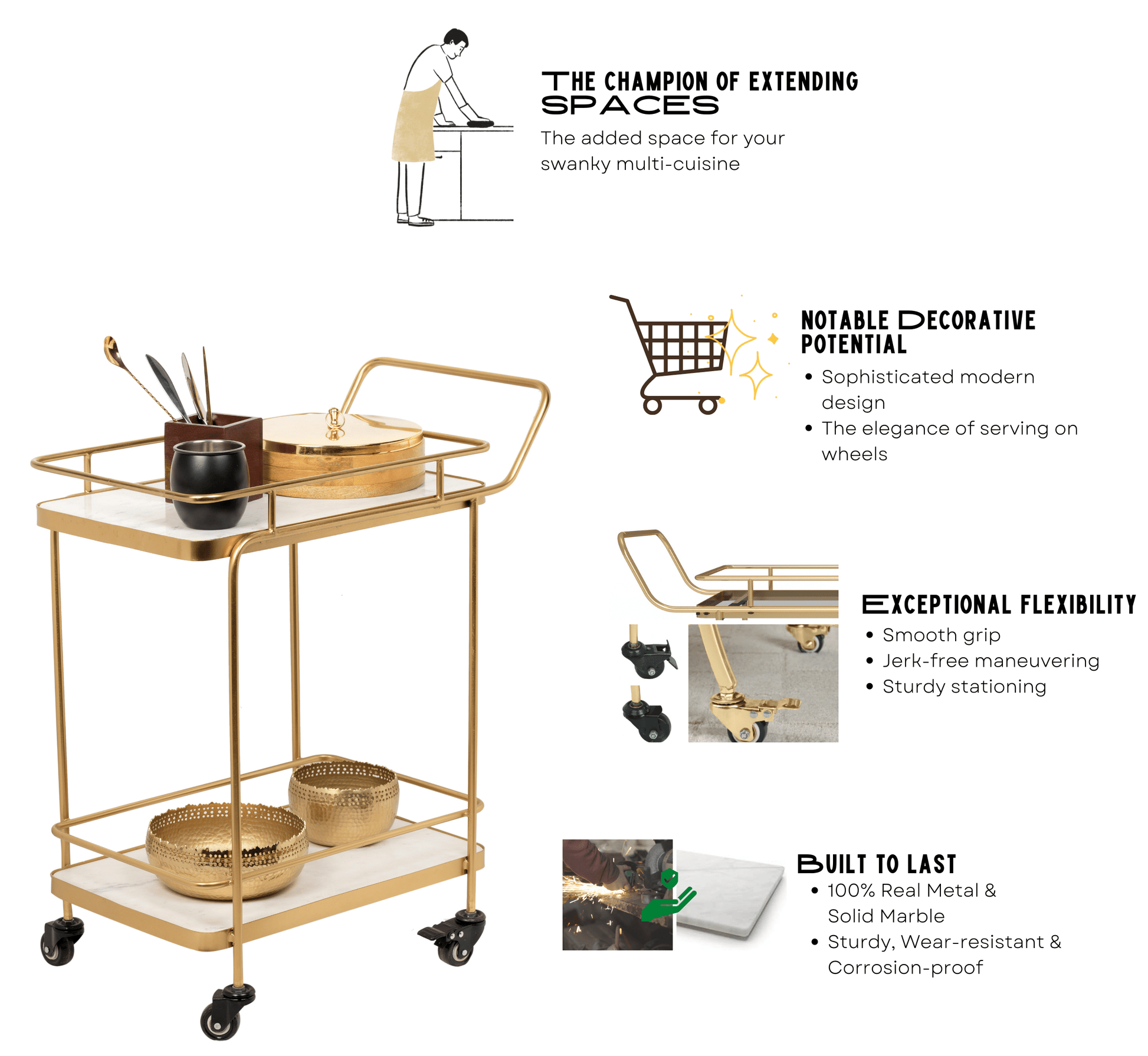 Panache 2-Tier White Marble Serving Trolley