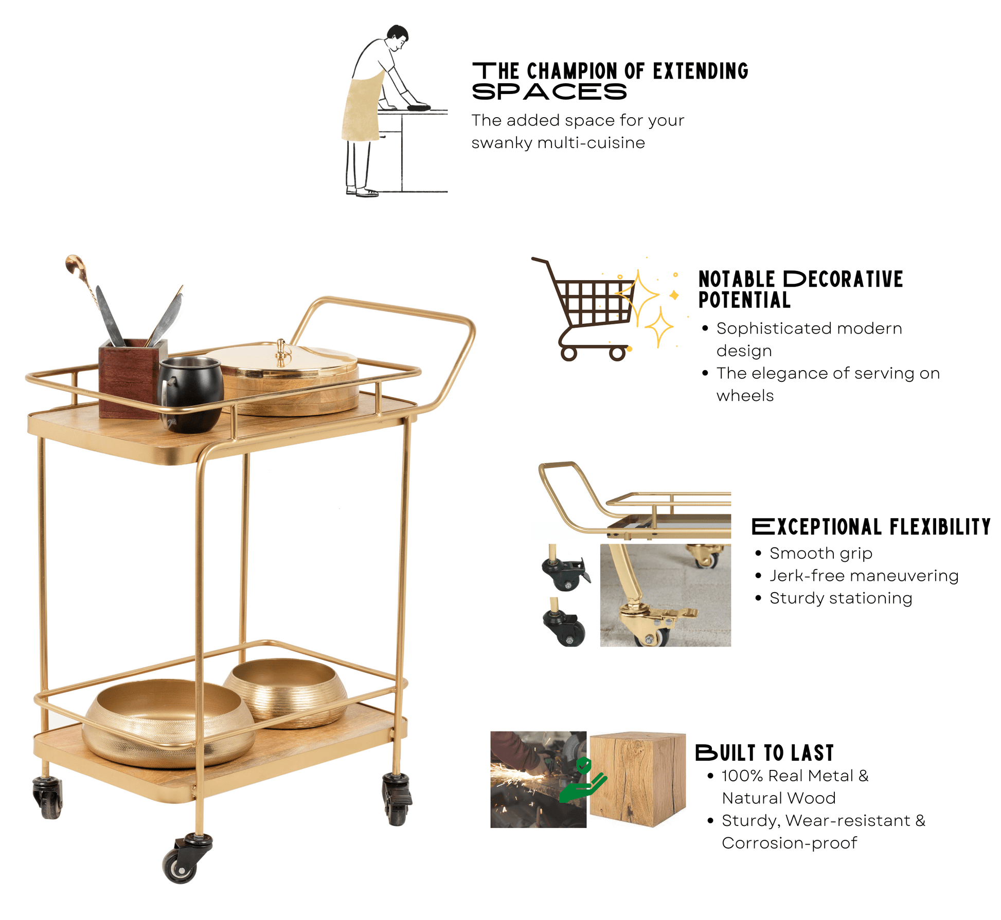 Panache 2-Tier Wooden Shelving Serving Trolley
