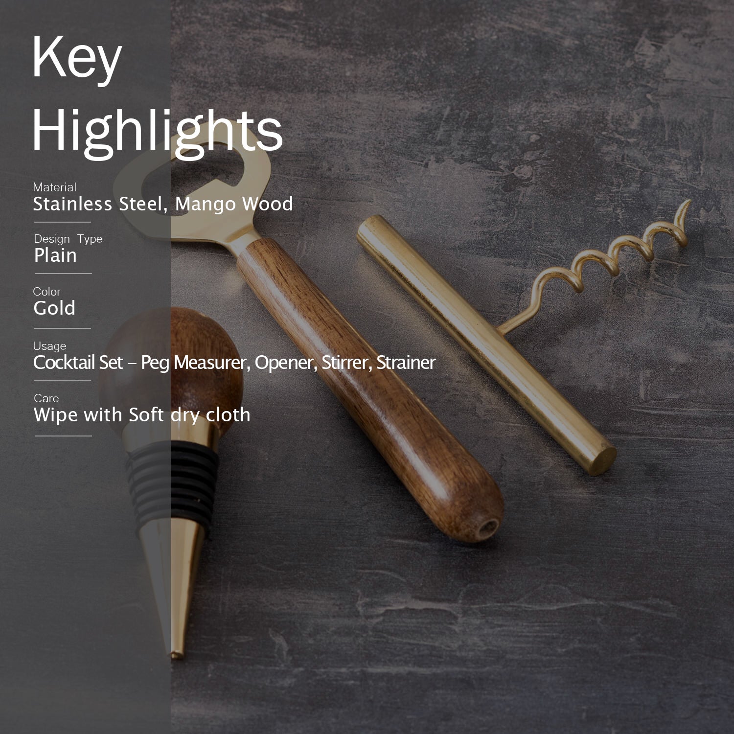 Gallant Stainless Steel & Wood Wine Tools in Gold Color