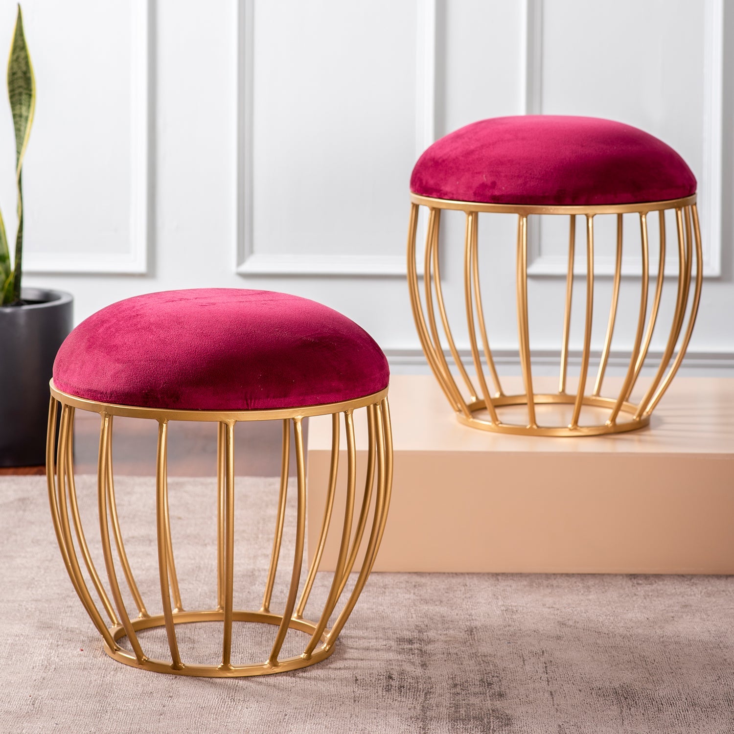 Lush Velvet Cage Metallic Stool in Maroon Color