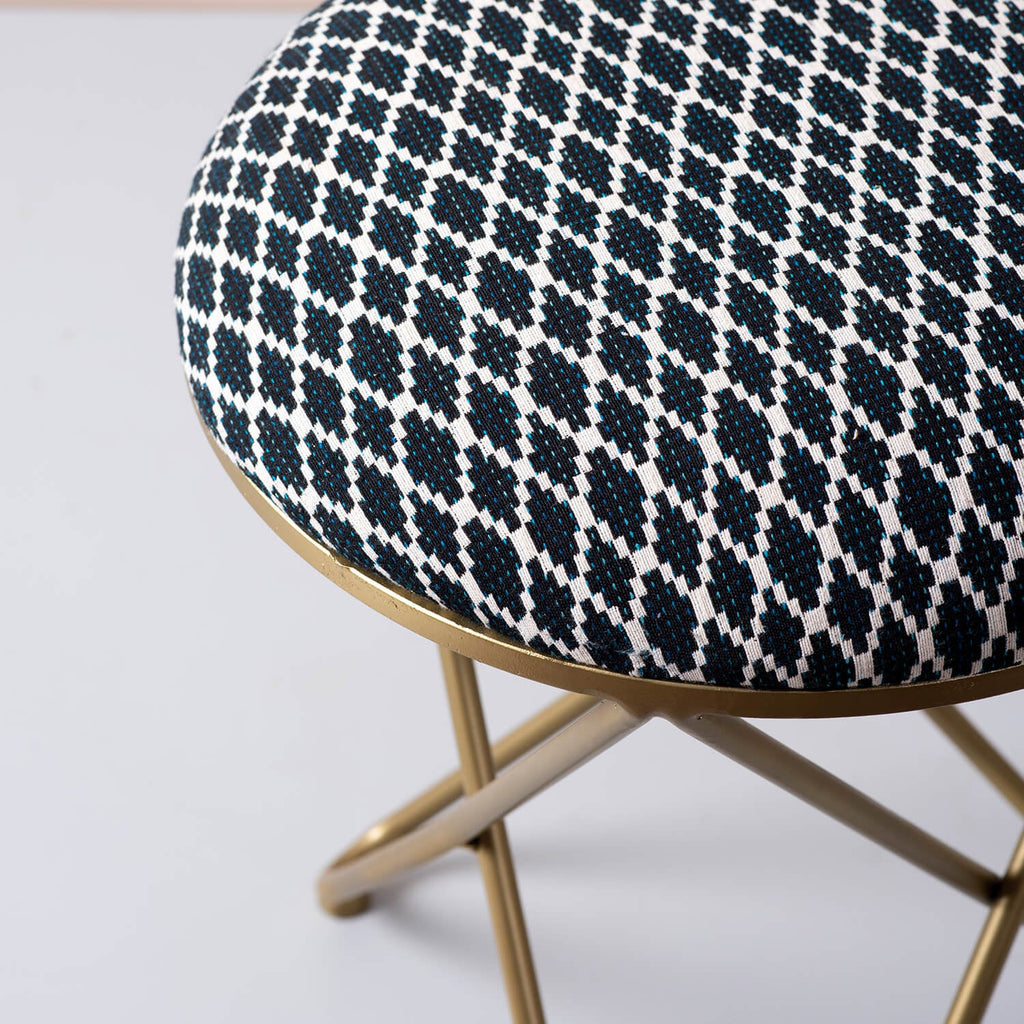 Quad Fabric Cross Metallic Stool in Blue Color Set of 2
