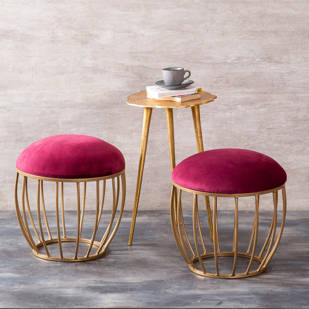 Lush Velvet Cage Metallic Stool in Maroon Color Set of 2