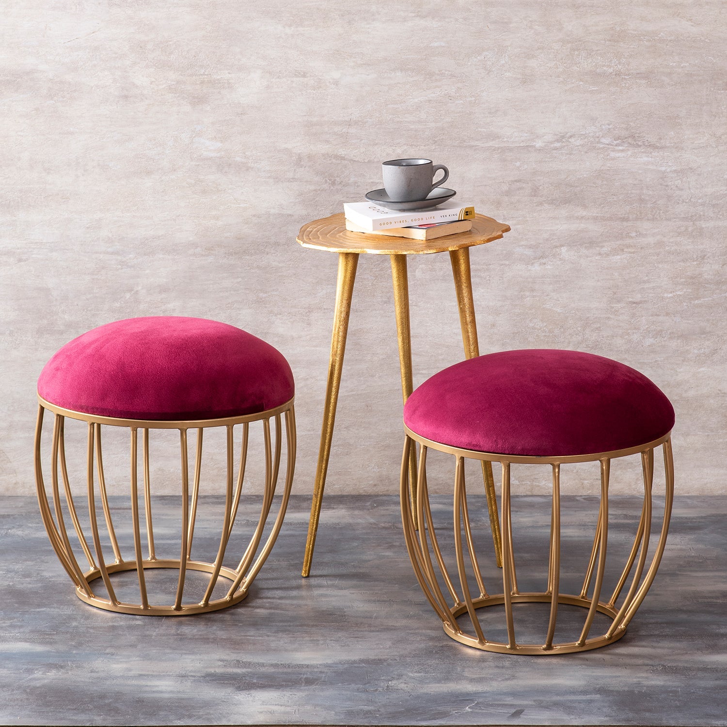 Lush Velvet Cage Metallic Stool in Maroon Color Set of 2