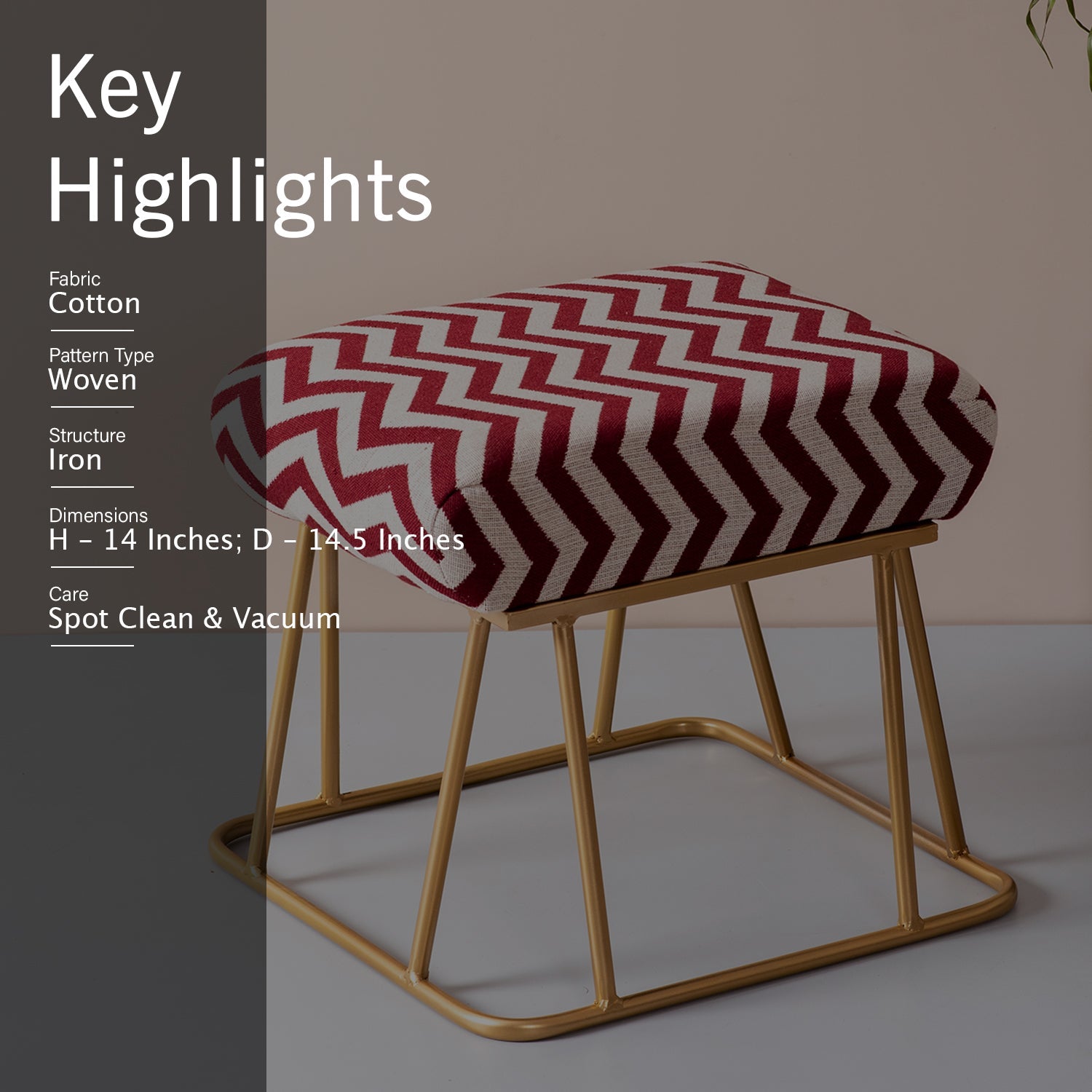 Crest Jacquard Metallic Stool in Maroon & White Color