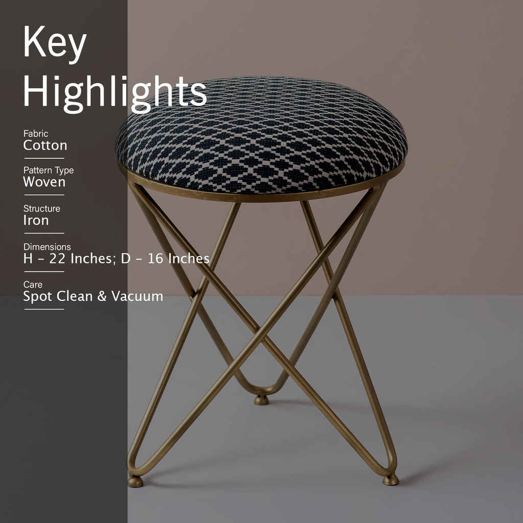 Quad Fabric Cross Metallic Stool in Blue Color