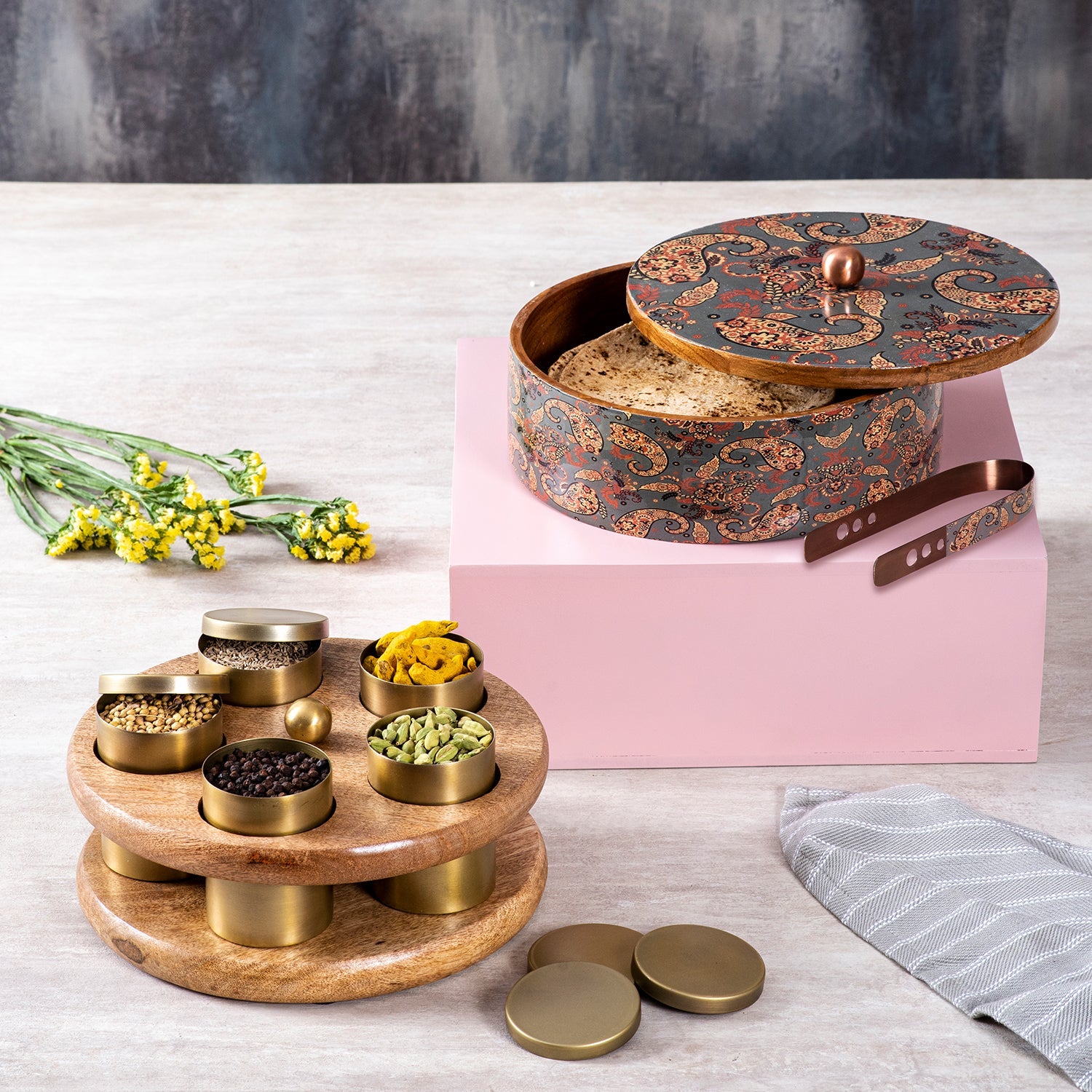Grey Enamel Print Roti box  & 5 Jar Masala box