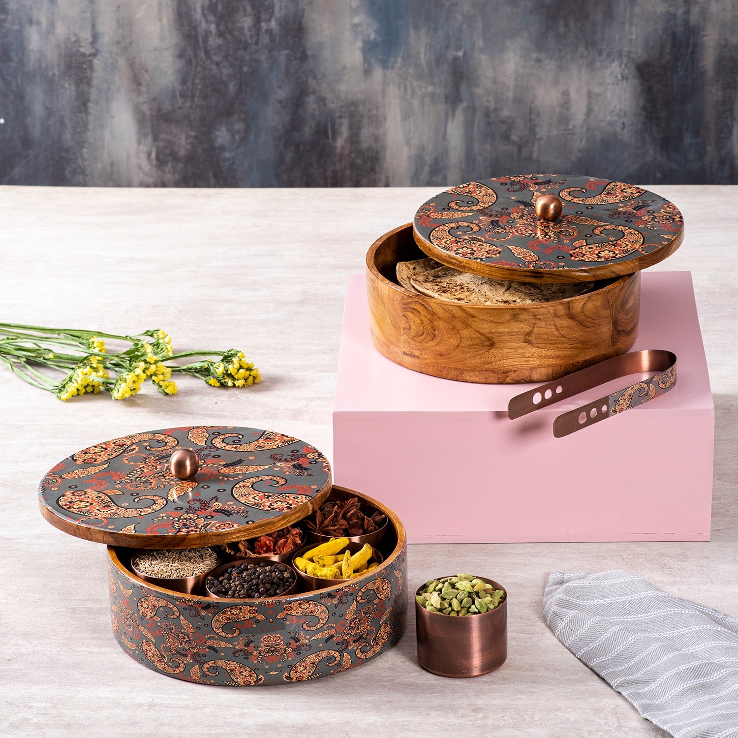 Grey Enamel Print Masala & Roti Box Set