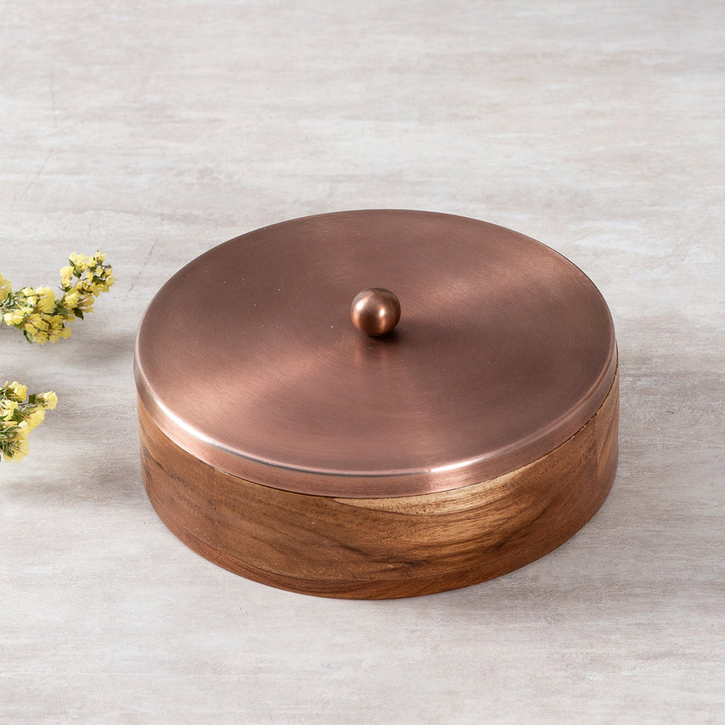 Classic Acacia Wood Masala Box - Copper