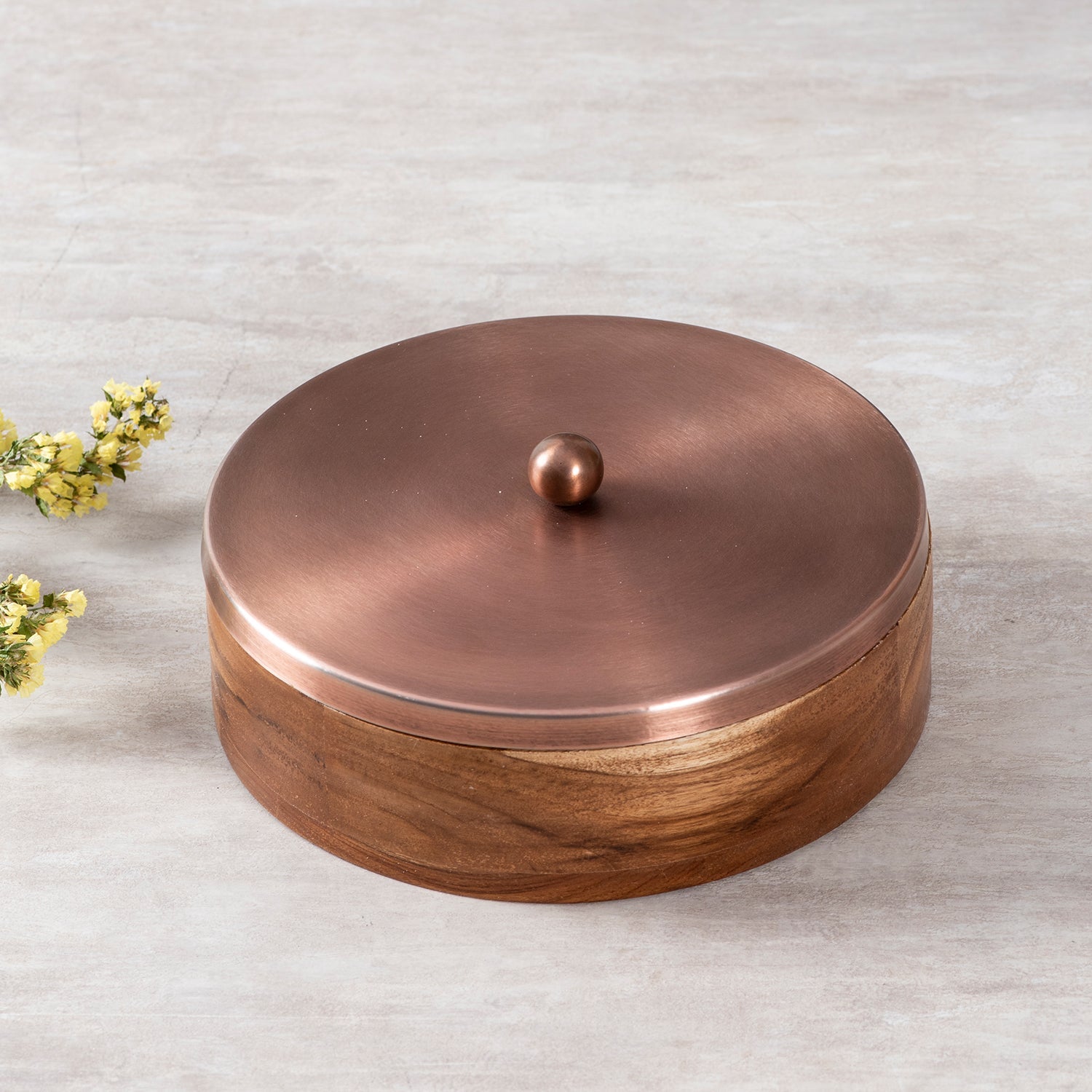 Classic Acacia Wood Masala Box - Copper