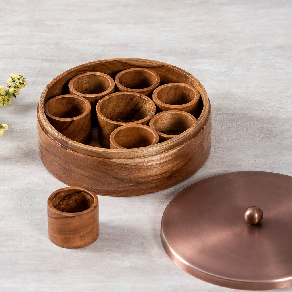 Classic Acacia Wood Masala Box - Copper