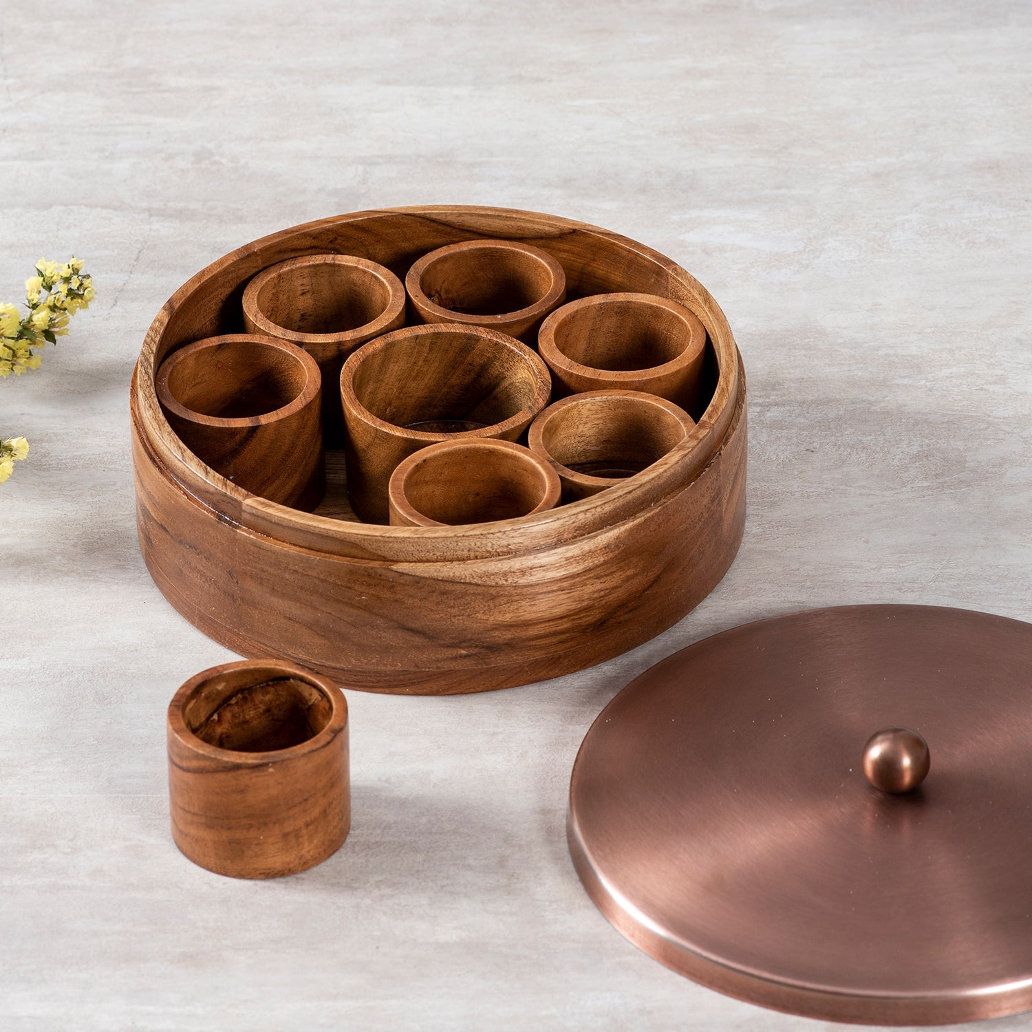 Classic Acacia Wood Masala Box - Copper
