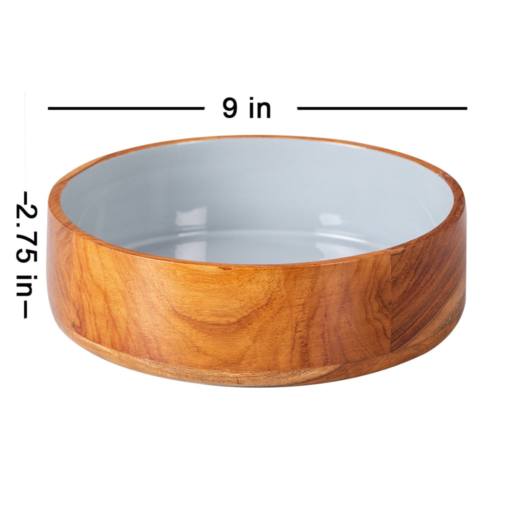 Rum Flat Teak Wood with Enamel Serving Bowl - Grey Set of 2