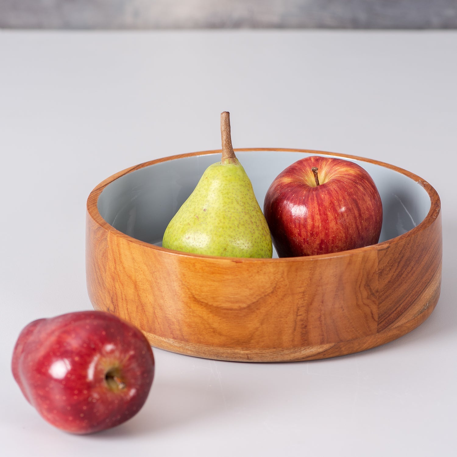 Rum Flat Teak Wood with Enamel Serving Bowl - Grey Set of 4