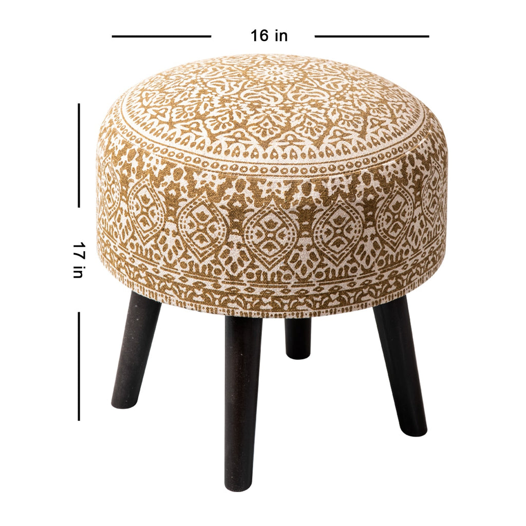Botanic Fabric Wooden Ottoman in Yellow Color Set of 2
