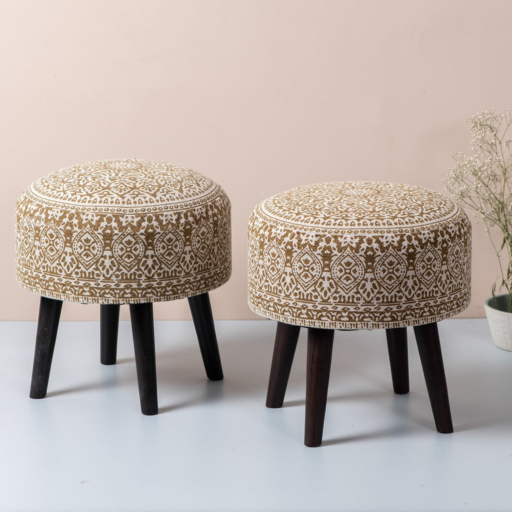 Botanic Fabric Wooden Ottoman in Yellow Color Set of 2