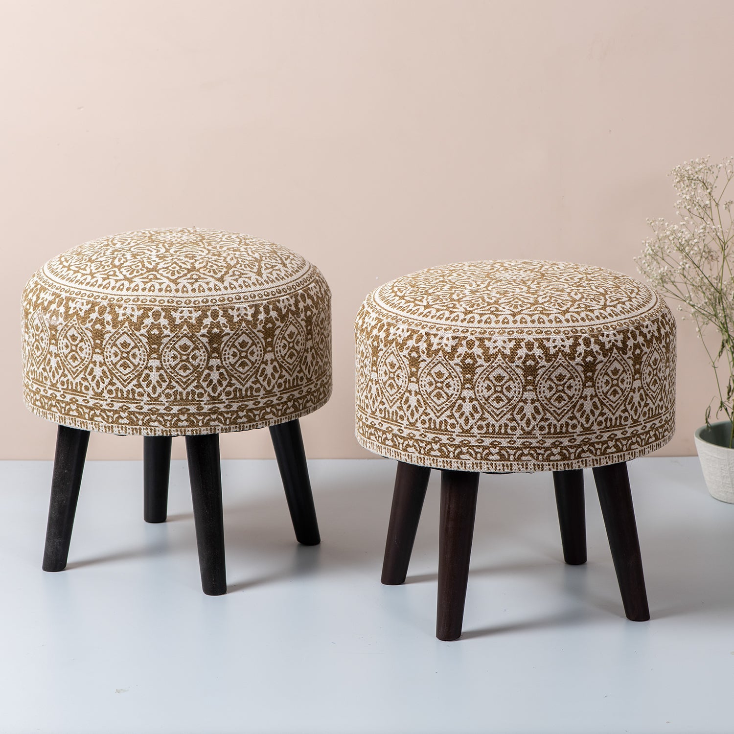 Botanic Fabric Wooden Ottoman in Yellow Color Set of 2