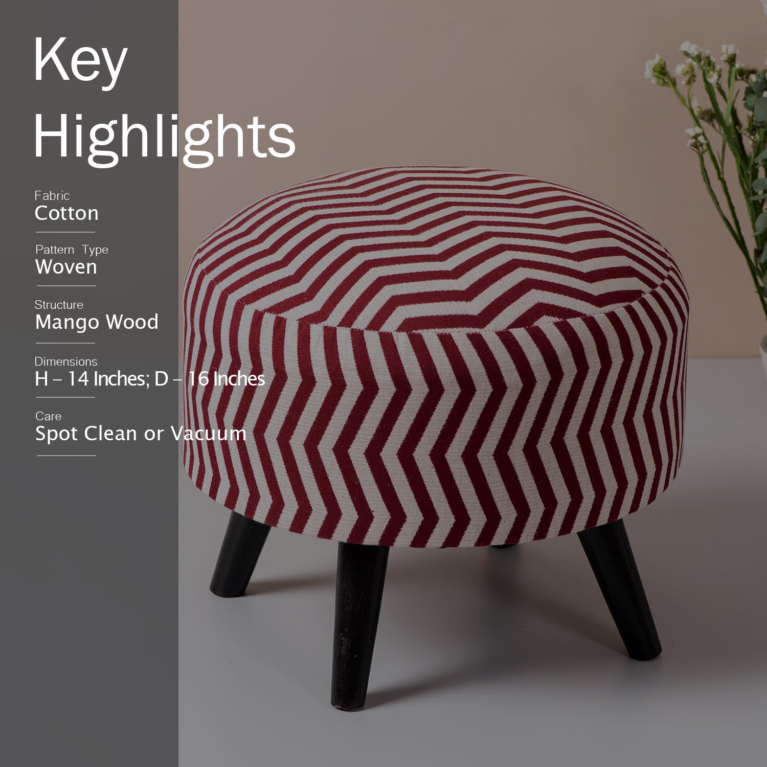 Hues Jacquard Wooden Ottoman in Red Color Set of 2