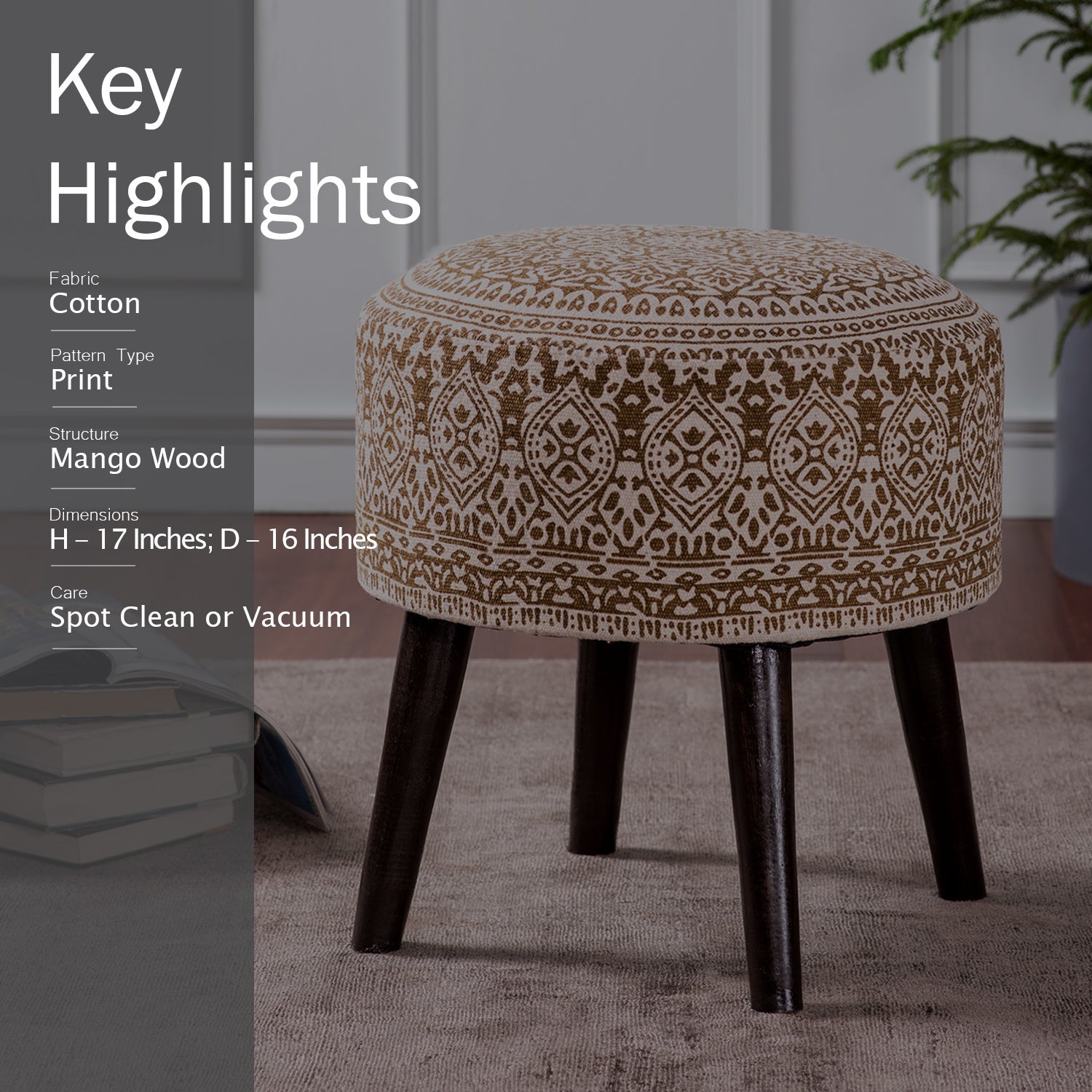 Botanic Fabric Wooden Ottoman in Yellow Color Set of 2