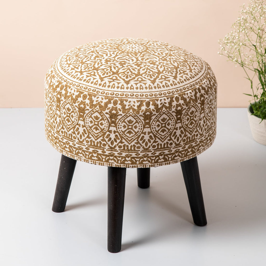 Botanic Fabric Wooden Ottoman in Yellow Color Set of 2