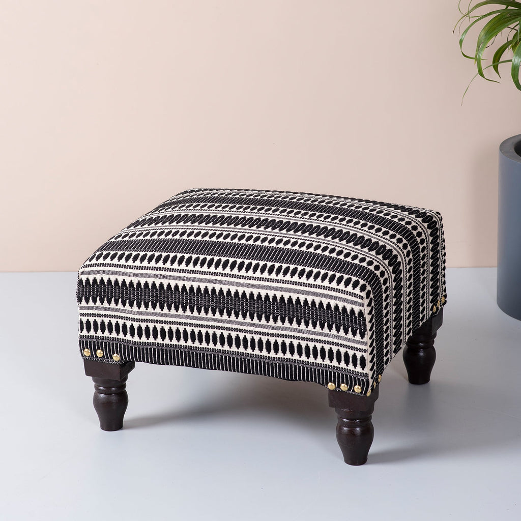 Bohemian Jacquard Wooden Footrests in Black & White Color Set of 2