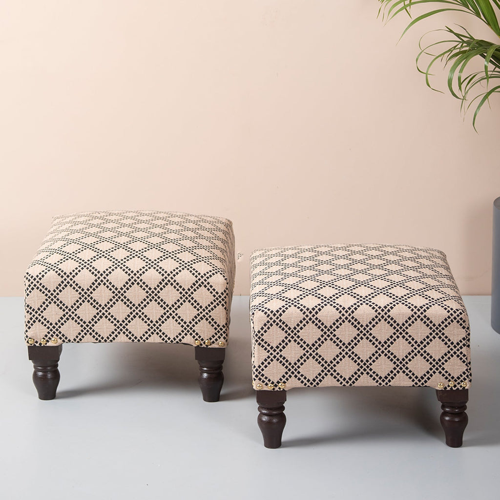 Quad Jacquard Wooden Footrests in Cream Color Set of 2