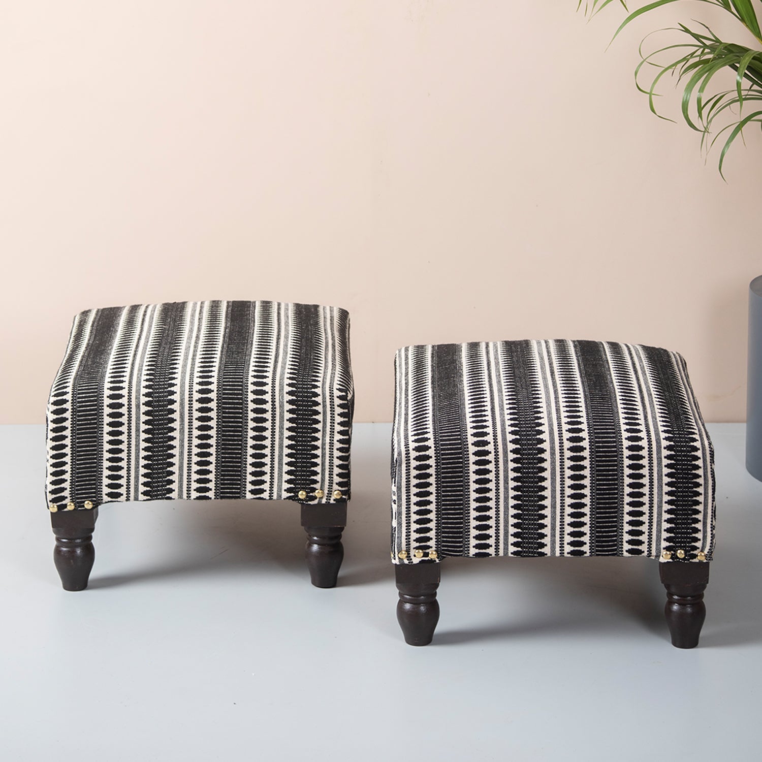 Bohemian Jacquard Wooden Footrests in Black & White Color Set of 2