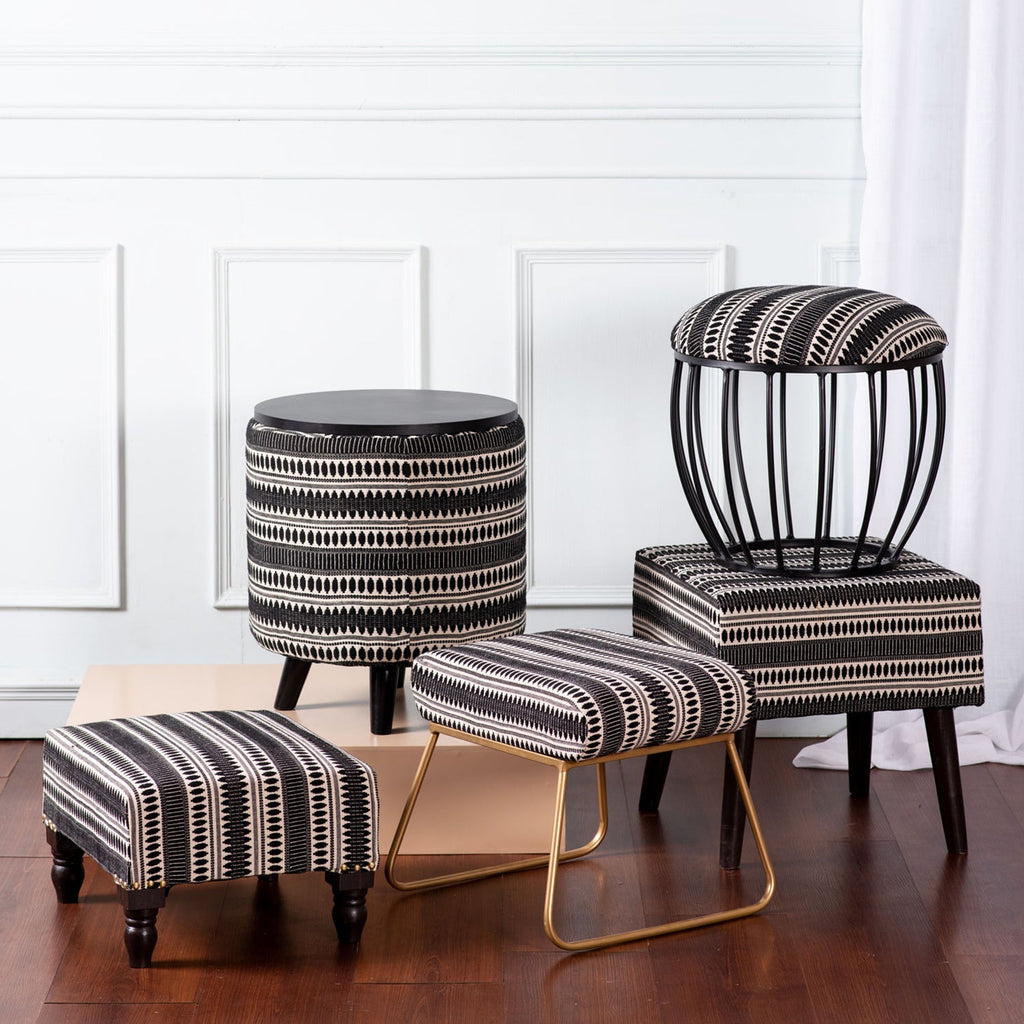Bohemian Jacquard Wooden Footrests in Black & White Color Set of 2