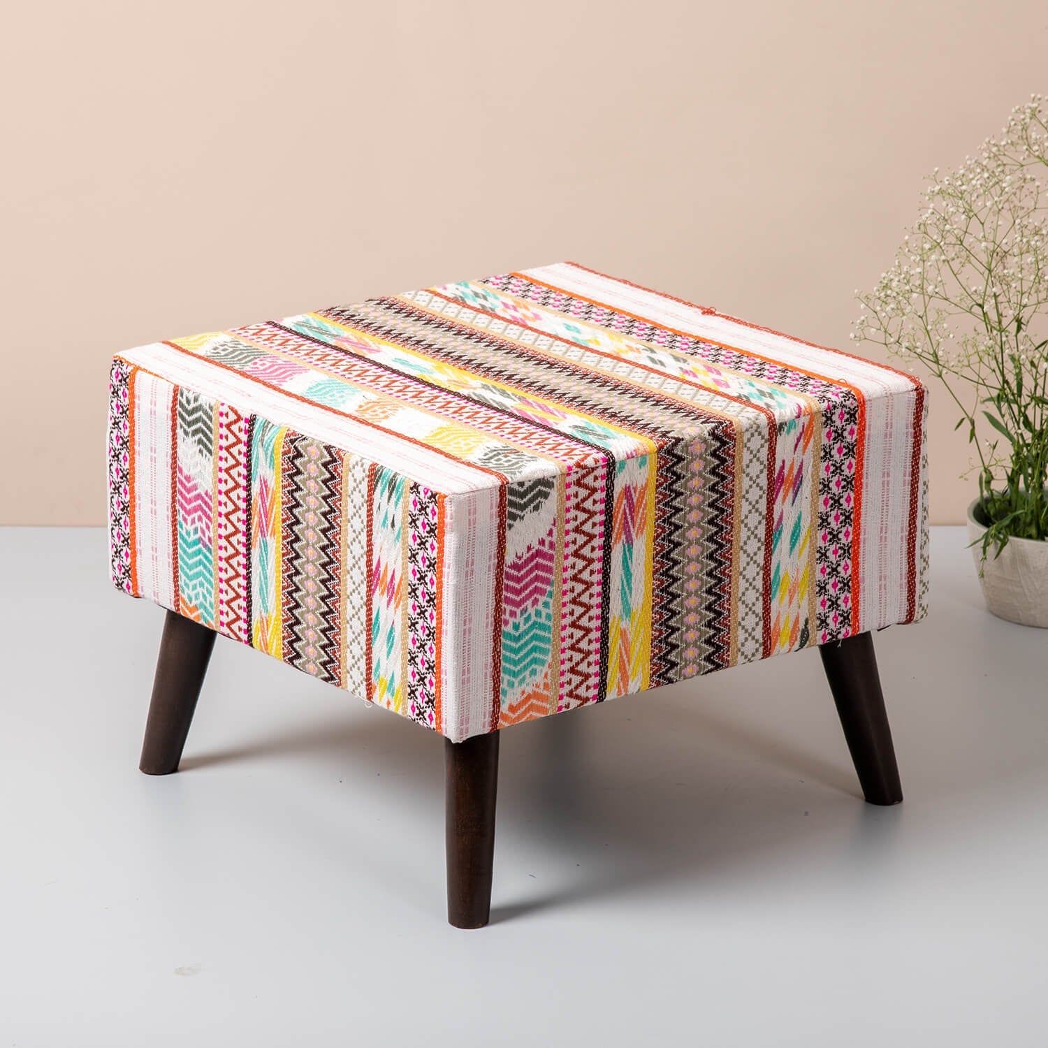 Hues Jacquard Wooden Stool in Multi Color
