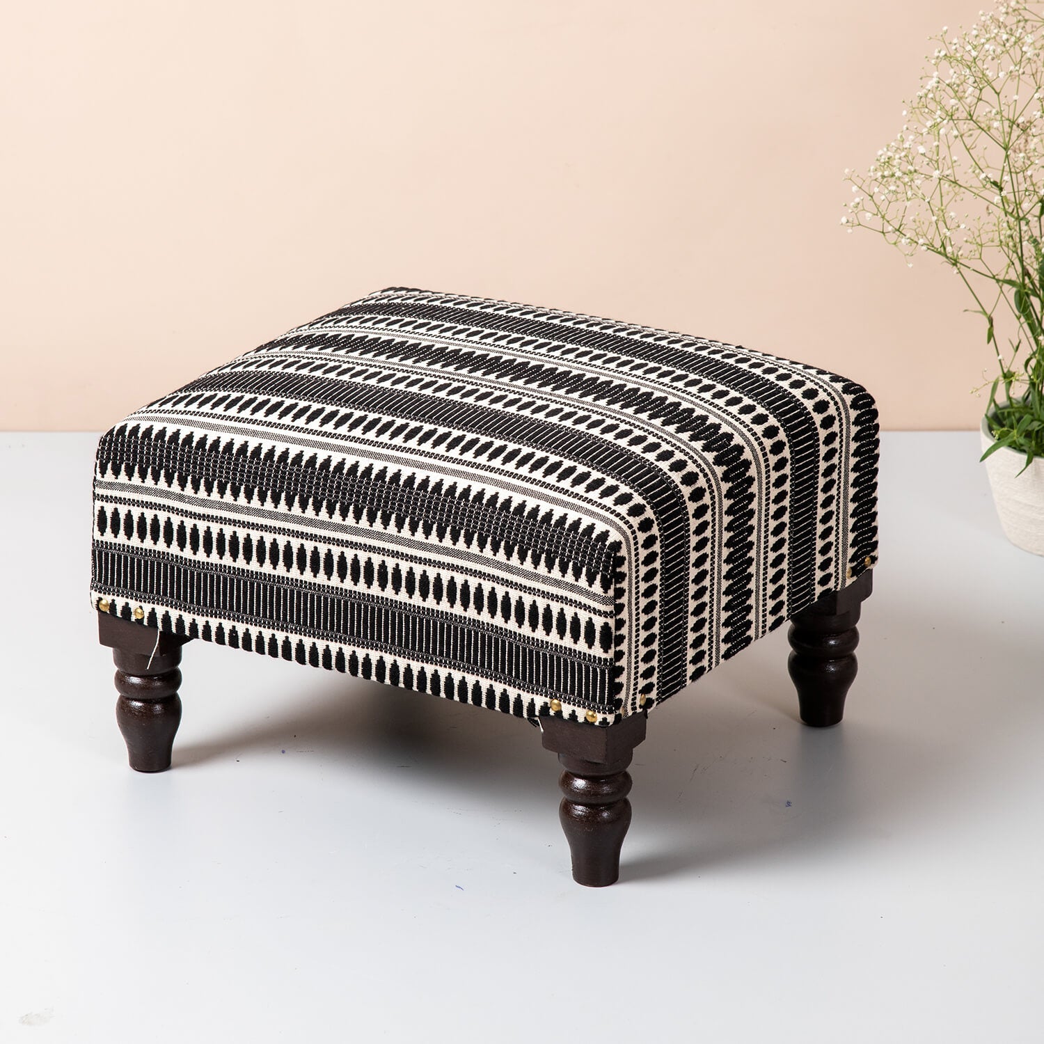 Bohemian Jacquard Wooden Footrests in Black & White Color Set of 2