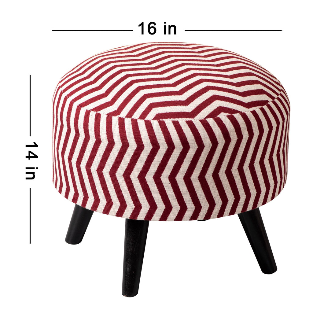 Crest Jacquard Wooden Ottoman in Maroon & White Color