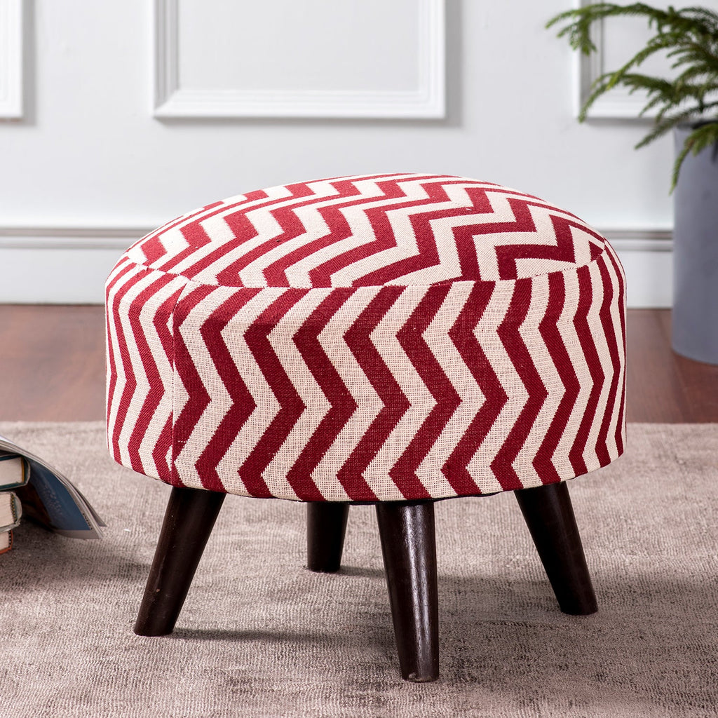 Crest Jacquard Wooden Ottoman in Maroon & White Color