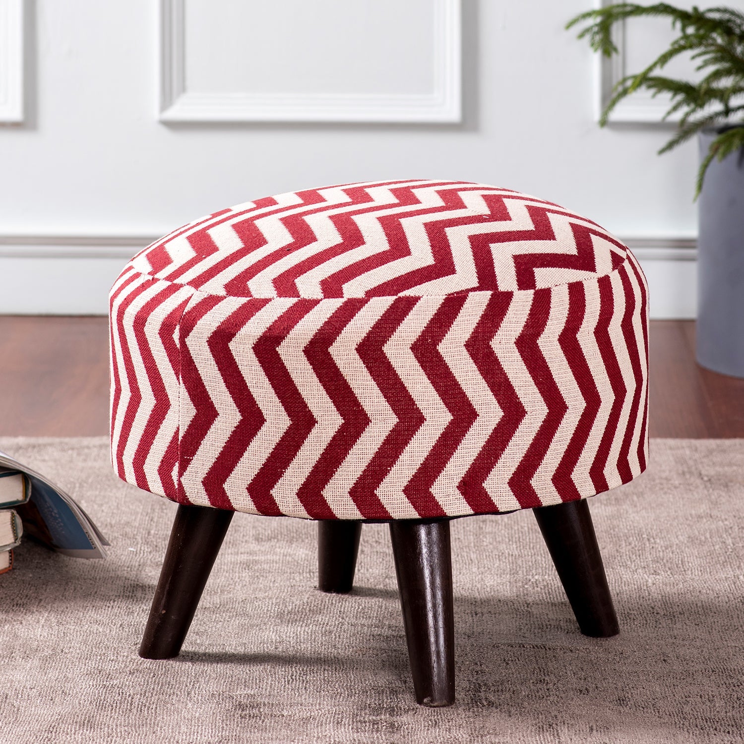 Crest Jacquard Wooden Ottoman in Maroon & White Color