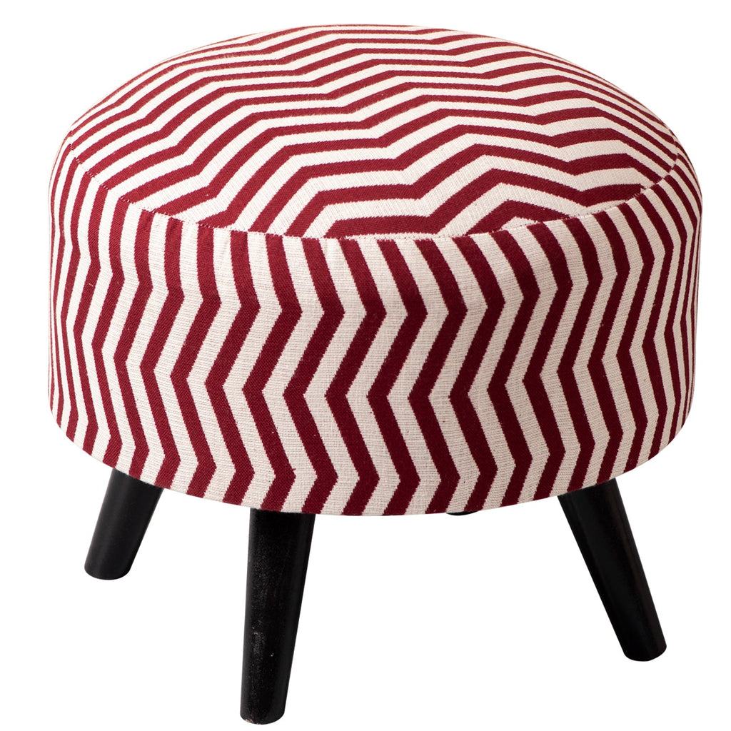 Crest Jacquard Wooden Ottoman in Maroon & White Color