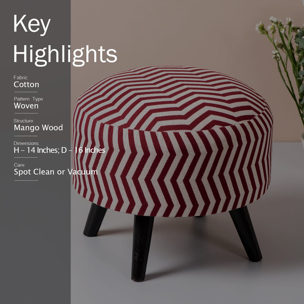 Crest Jacquard Wooden Ottoman in Maroon & White Color