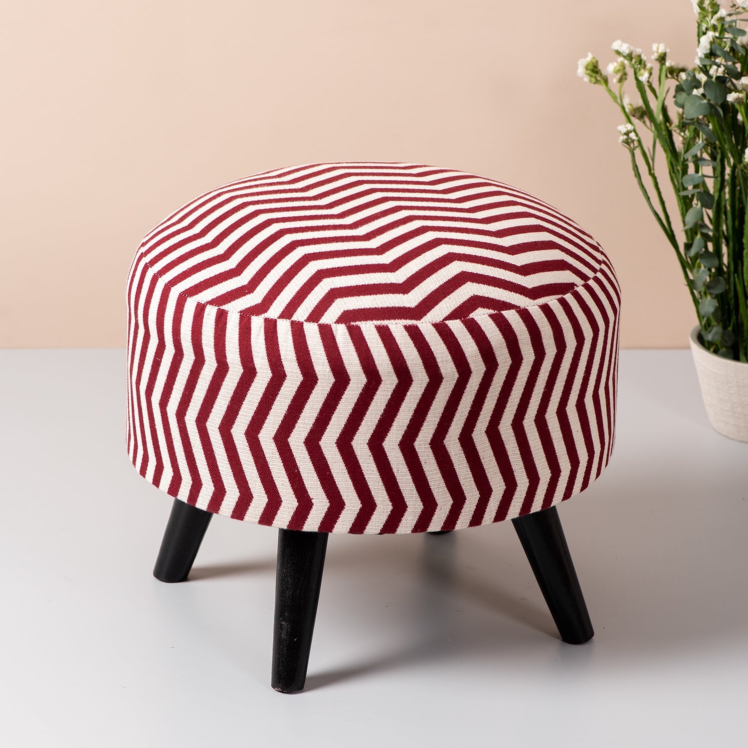 Crest Jacquard Wooden Ottoman in Maroon & White Color