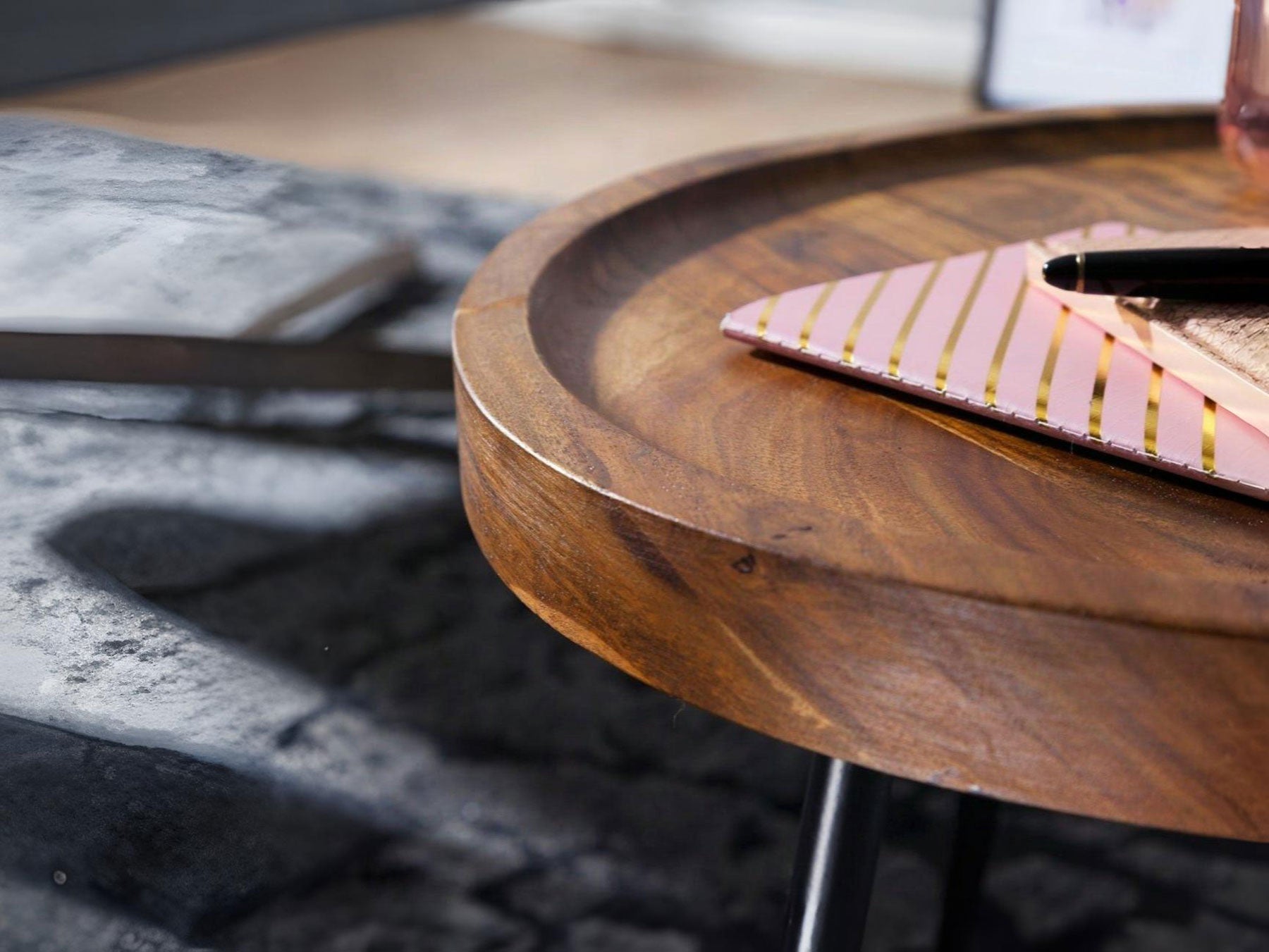 Side table, solid sheesham wood and steel