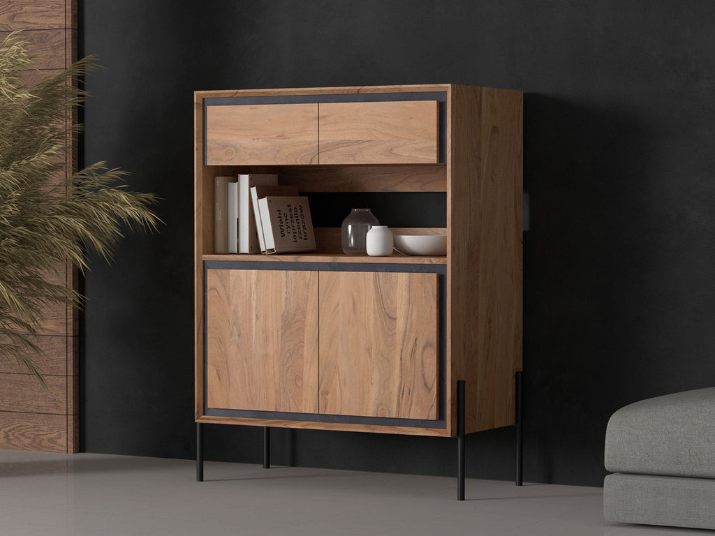 Sideboard, solid acacia wood and steel, 2 drawers and 2 doors
