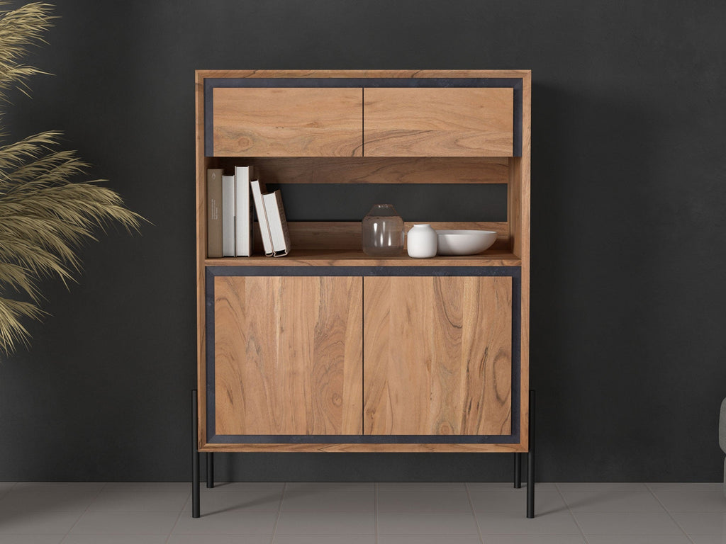 Sideboard, solid acacia wood and steel, 2 drawers and 2 doors