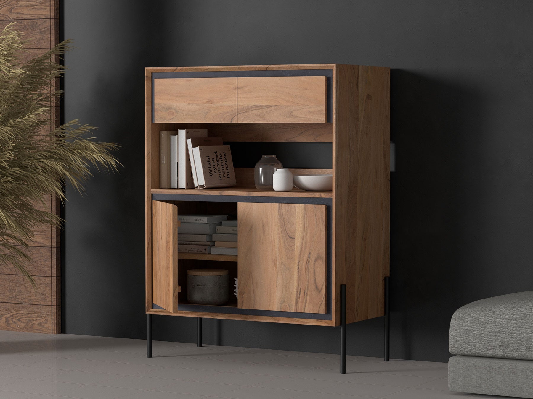 Sideboard, solid acacia wood and steel, 2 drawers and 2 doors