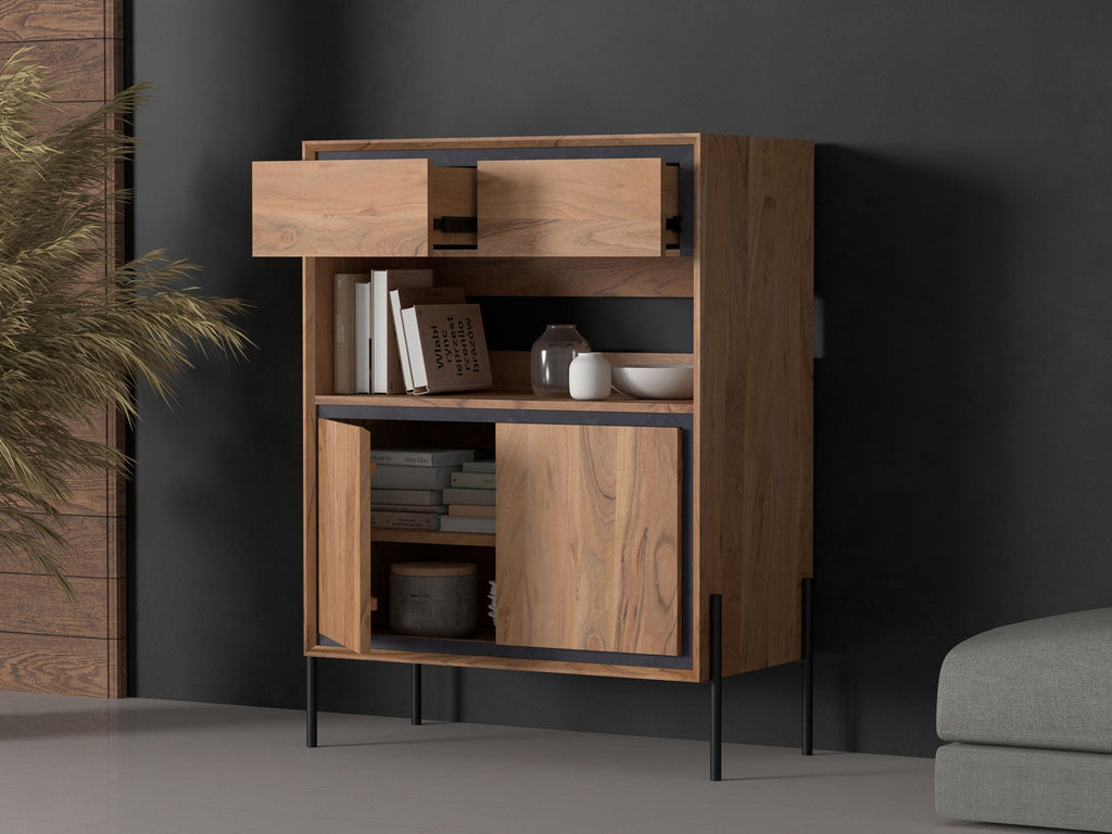 Sideboard, solid acacia wood and steel, 2 drawers and 2 doors