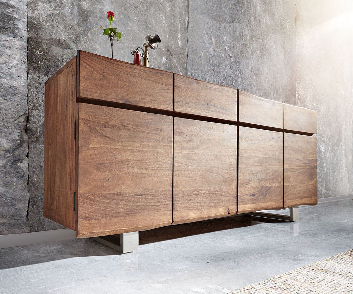 Sideboard, solid mango wood and steel, 4 drawers and 4 doors