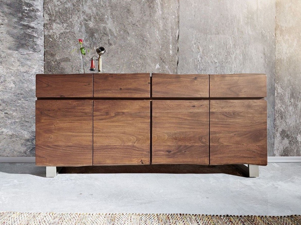 Sideboard, solid mango wood and steel, 4 drawers and 4 doors