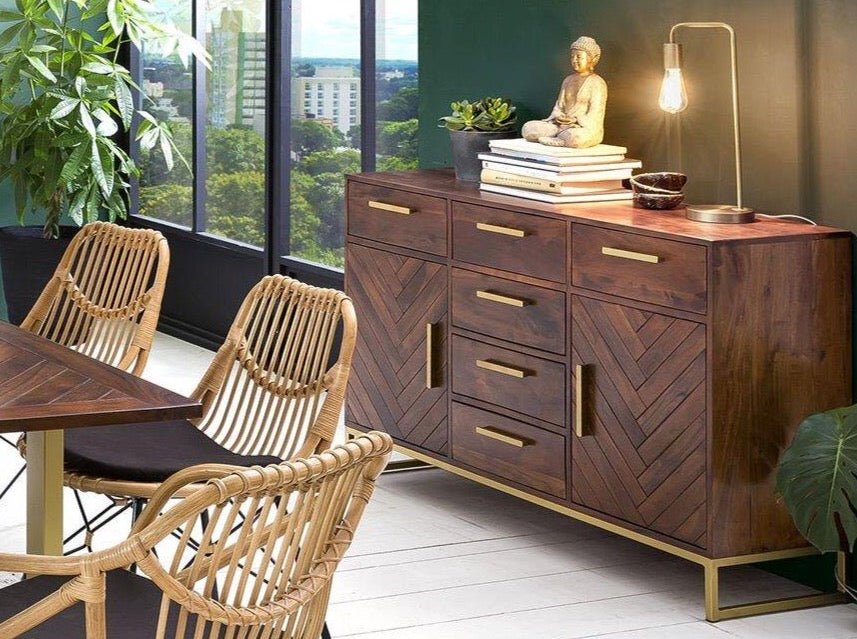Sideboard, solid mango wood and steel, 6 drawers and 2 doors