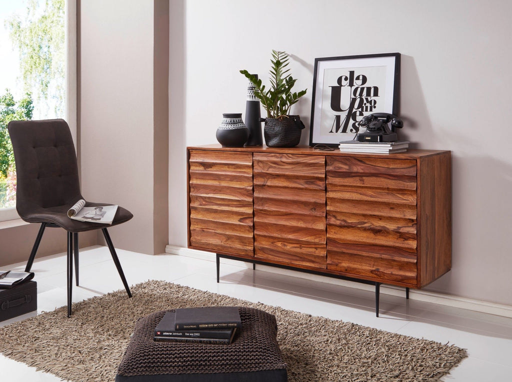 Sideboard, solid sheesham wood and steel, 3 doors