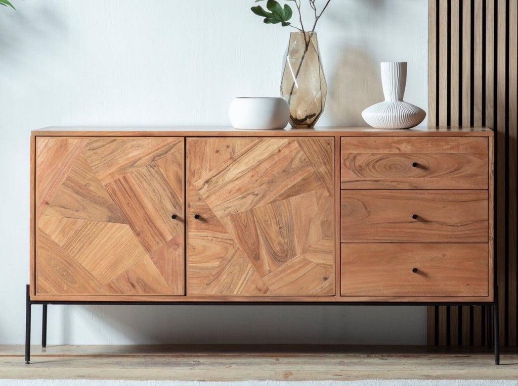 Sideboard, solid acacia wood and steel, 2 doors and 3 drawers