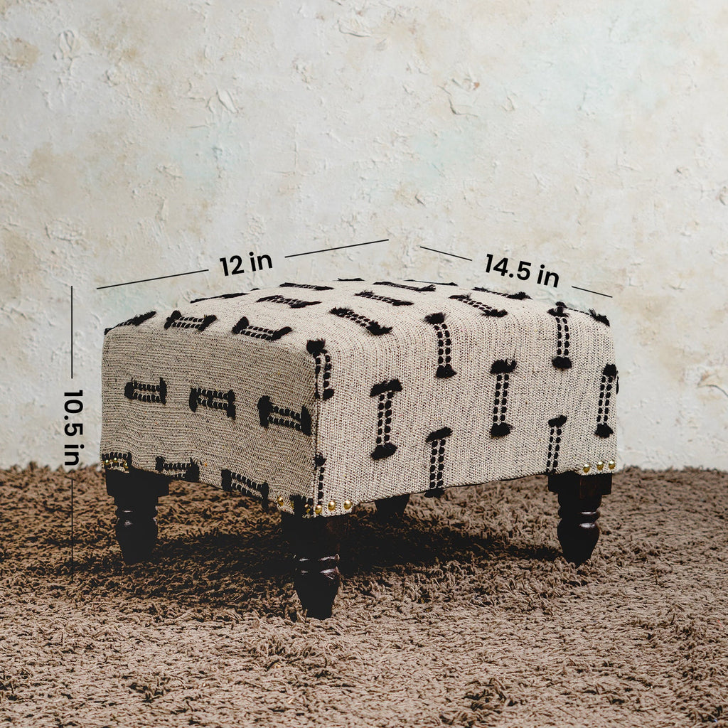 Bohemian Jacquard Wooden Footrests in Black & Off White Color Set of 2