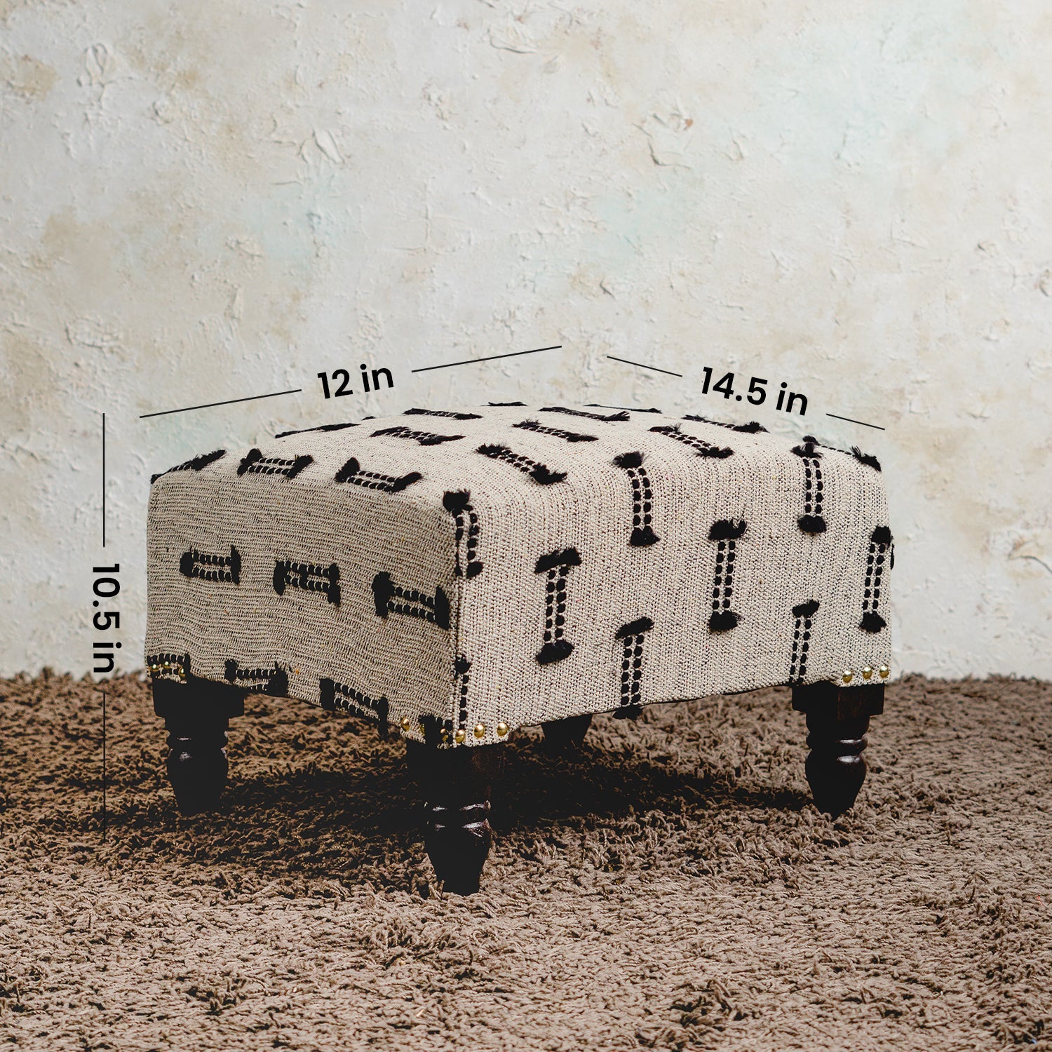 Bohemian Jacquard Wooden Footrests in Black & Off White Color Set of 2