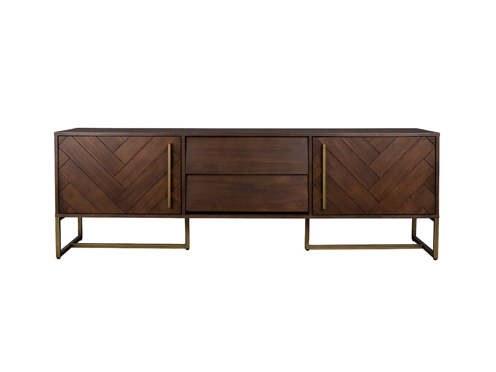 TV unit, solid mango wood and steel, 2 doors and 2 drawers