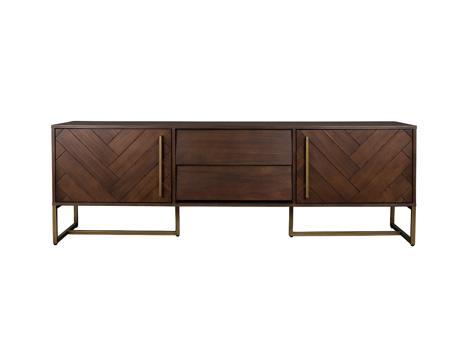 TV unit, solid mango wood and steel, 2 doors and 2 drawers