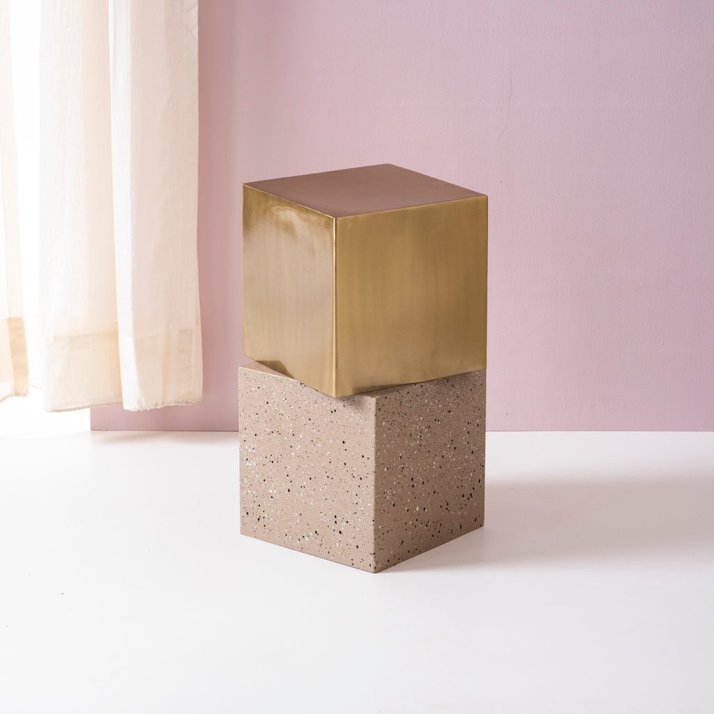 Floating Square Metallic Side Table in Gold & Ceramic Finish | Nestroots